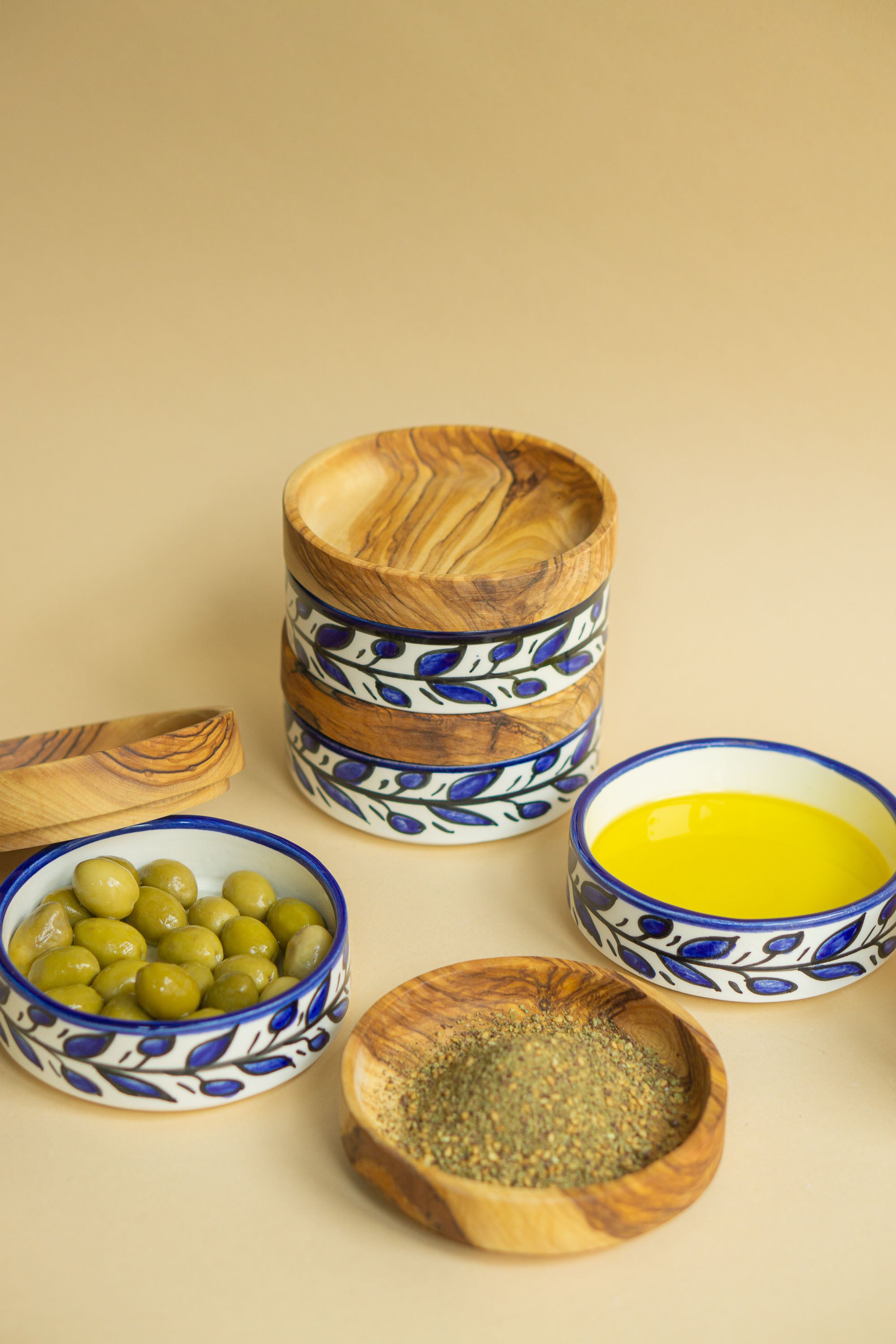Hand painted serving bowl with olive wood